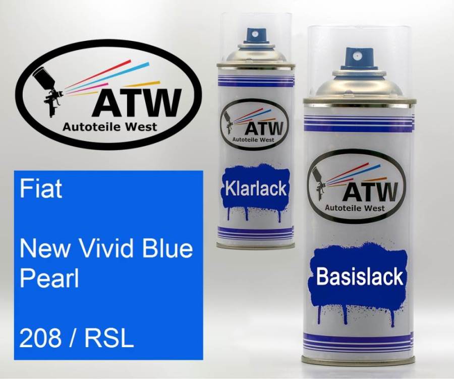 Fiat, New Vivid Blue Pearl, 208 / RSL: 400ml Sprühdose + 400ml Klarlack - Set, von ATW Autoteile West.